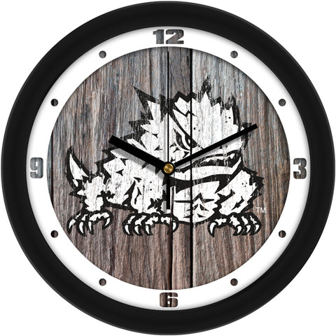 Texas Christian Horned Frogs - Weathered Wood Wall Clock