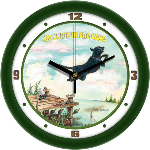 Go Jump in the Lake Funny Dog Wall Clock by Gary Patterson