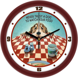 Never Trust a Dog to Watch your Food Funny Dog Wall Clock by Gary Patterson